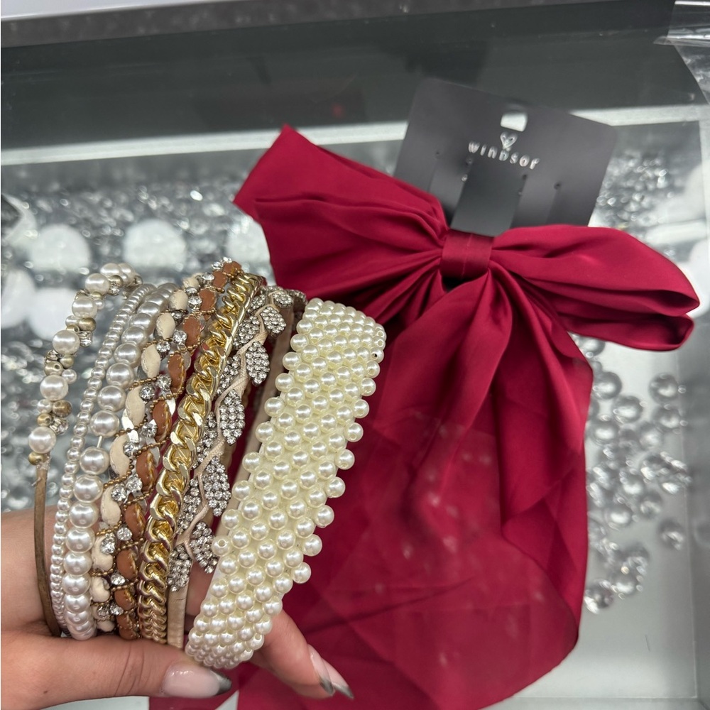 Windsor Pearl and Gem Hair Accessories Set - Red, Gold, Silver